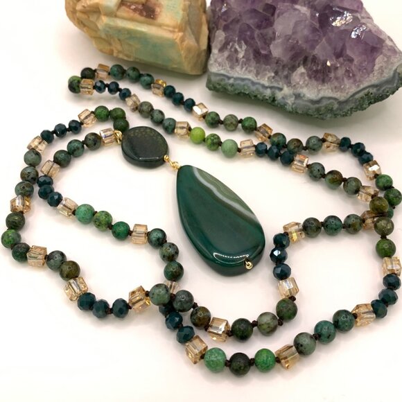 Beautiful Green Stone Agate Champagne Crystal Beads Long Necklace J844 - Picture 2 of 5